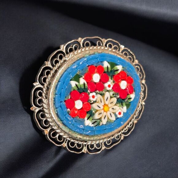 Italian Vintage Micro Mosaic Glass Floral Brooch Pin Silver Tone Filigree Border - Picture 3 of 10